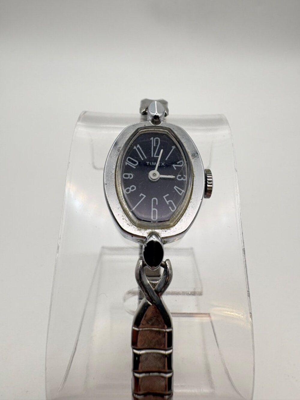 Vintage Timex Womens Mechanical Watch Black Dial Oval Silver Tone Speidel Band